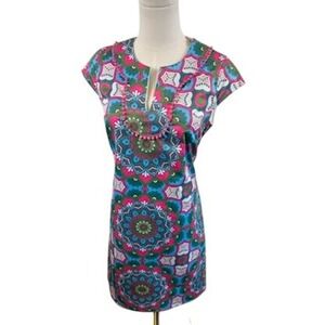 Jade Melody Scuba Tam Women's Dress Colorful Print Pom Pom Trim Size Small‎